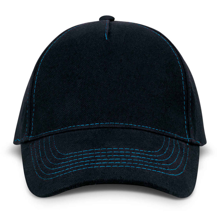 A black cap featuring contrasting blue stitching and a solid, structured design. It has a logo on the front.