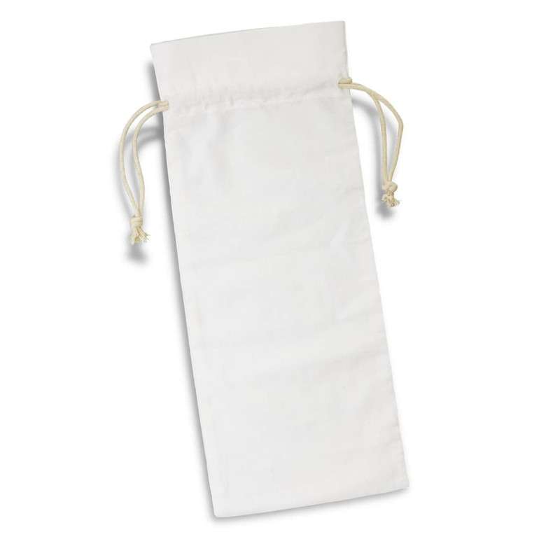 A cotton drawstring bag in white, featuring two drawstrings at the top and a plain surface. It has a logo.