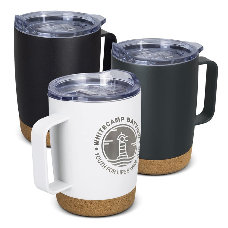 A drink bottle set featuring three vacuum mugs in black, green, and white with cork bases and transparent lids.