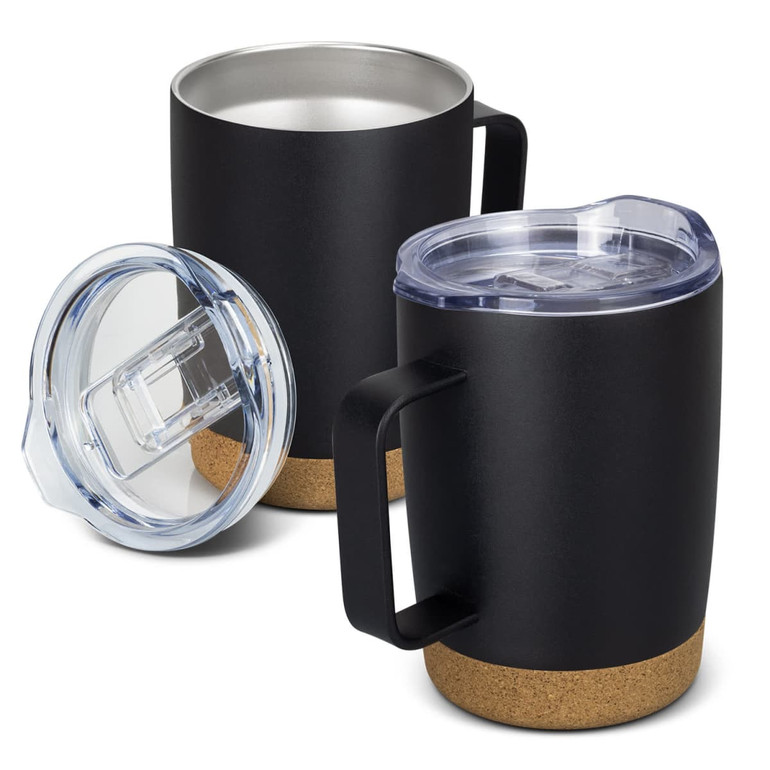 A vacuum mug with a black body, clear lid, and cork base, featuring a handle for easy grip.