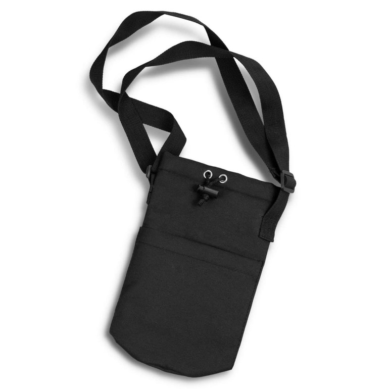 A drink bottle sling bag in black, featuring adjustable straps and a secure drawstring closure.