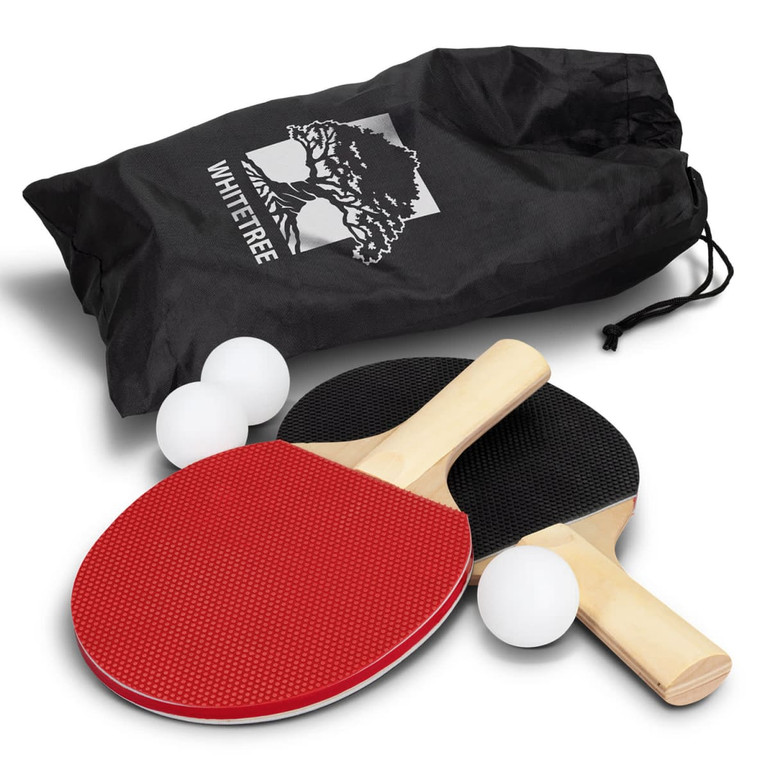 A portable table tennis set featuring red and black paddles, three white balls, and a black carry bag with a logo.