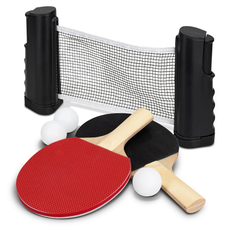 A portable table tennis set featuring black and red paddles, three white balls, and a net with black posts.