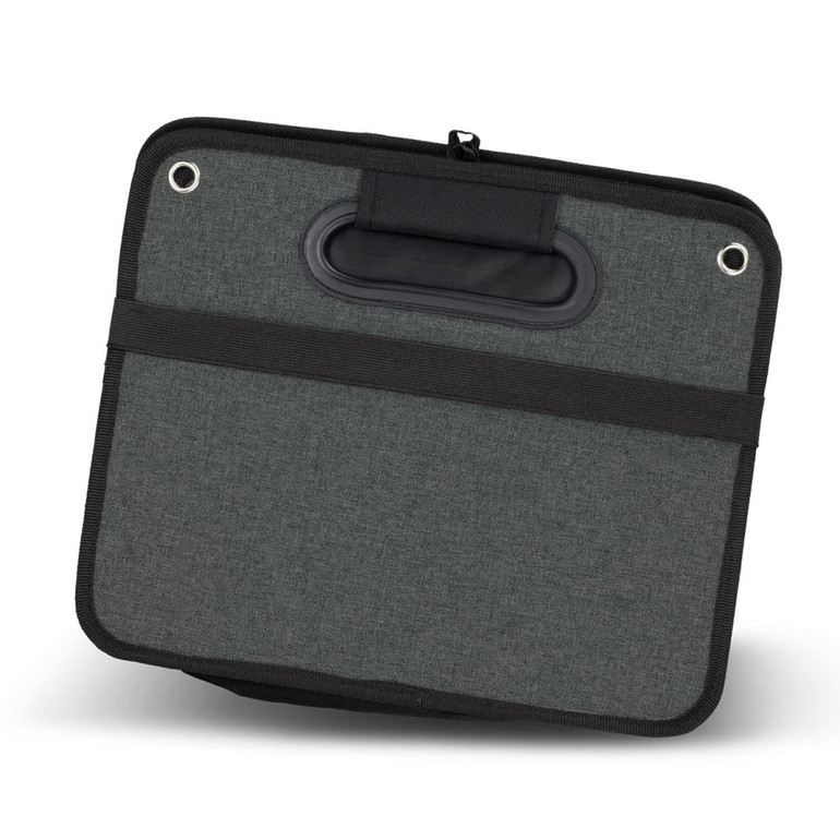 A grey fabric trunk organiser featuring a handle and black trim, with eyelets for attachment.