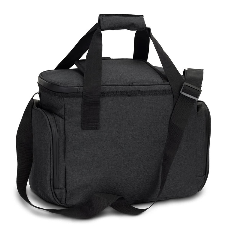 A black cooler bag with a top handle and adjustable shoulder strap, featuring a sleek design and storage compartments.