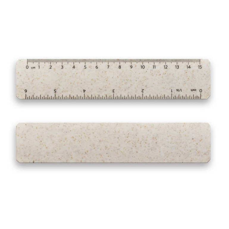 A 15cm ruler in a creamy colour with a speckled design, featuring metric measurements on one side and a logo.
