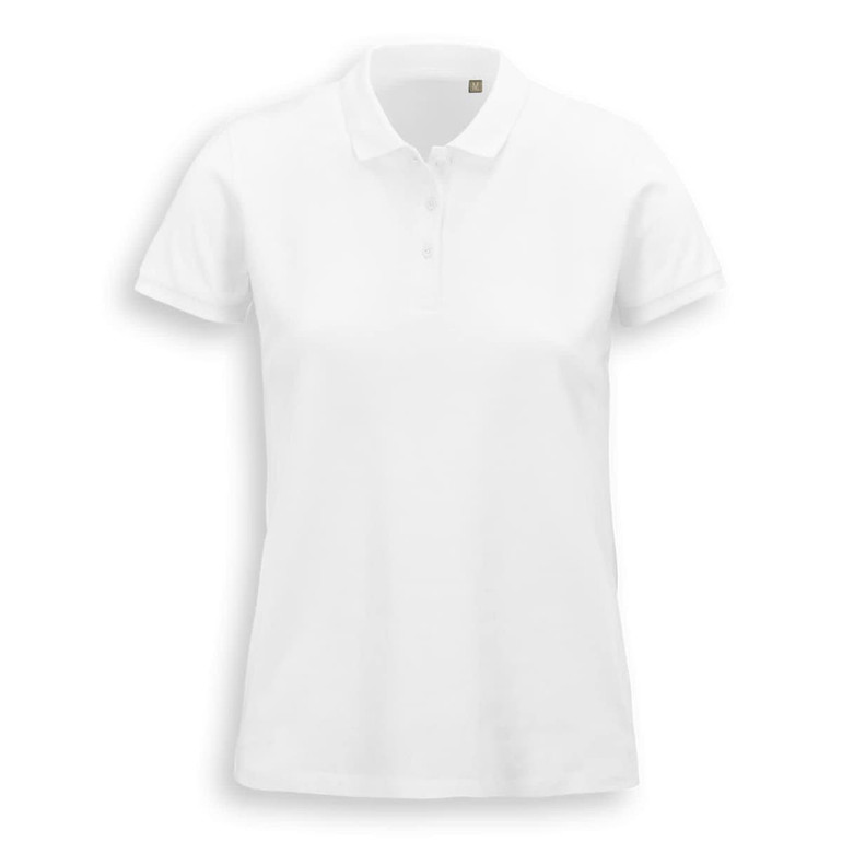 A white women's polo shirt featuring a collared neckline and short sleeves, with a subtle logo on the chest.