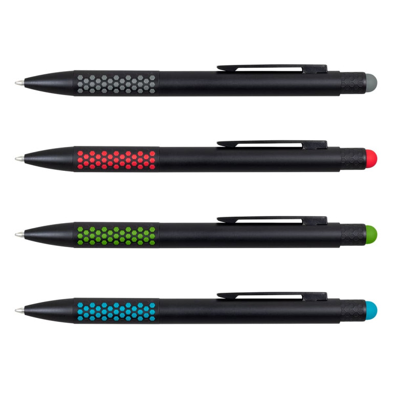 A set of four stylus pens in black with grey, red, green, and blue accents, each featuring a logo.