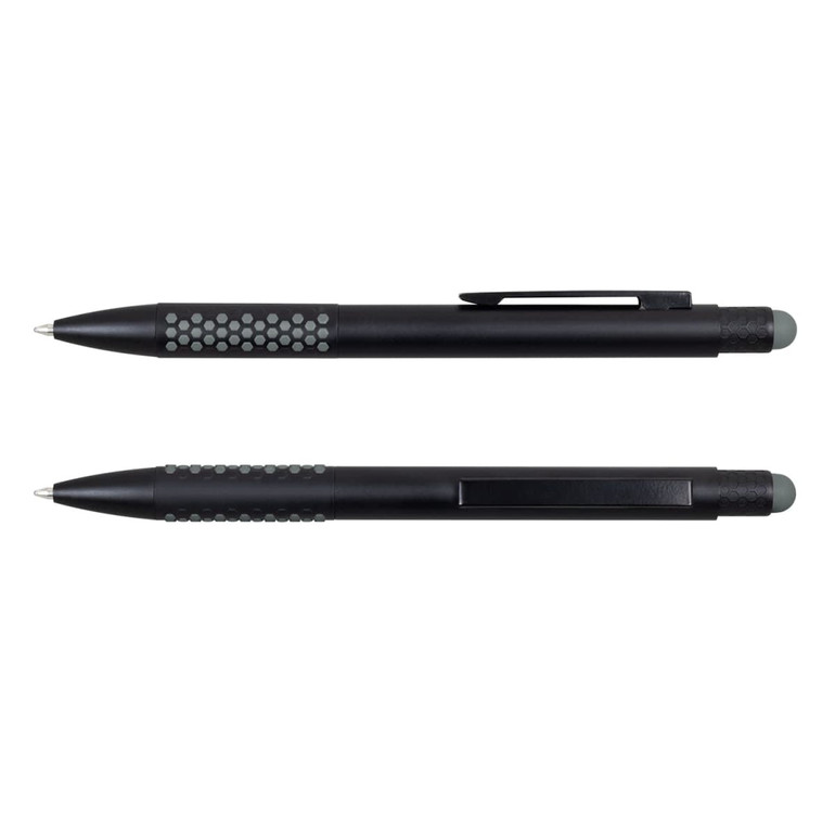 A stylus pen in black with a textured grip and a smooth finish, featuring a logo.