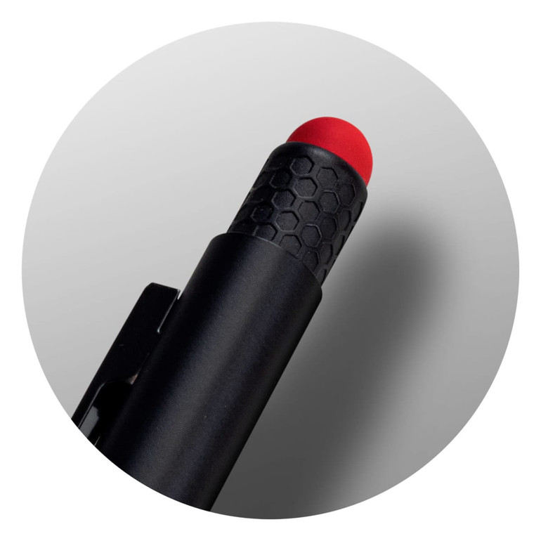 A stylus pen with a black body and a red tip, featuring a textured grip and a logo on the barrel.