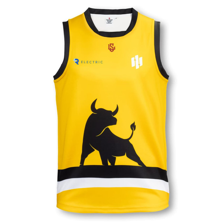 A custom men's AFL top in yellow with a black bull graphic and white detailing. It features a logo.