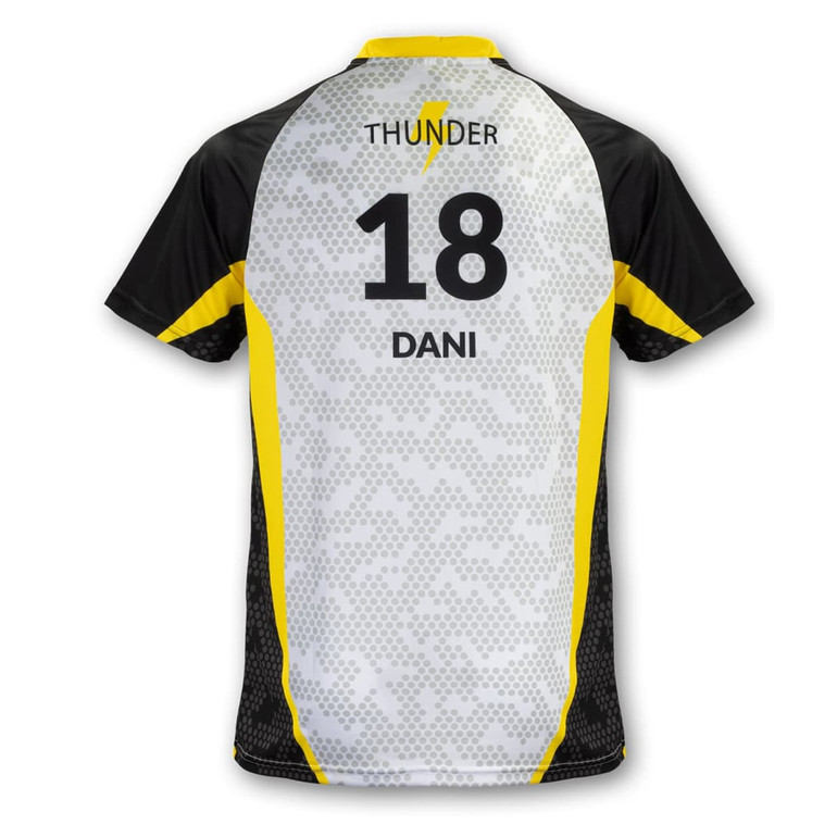 A custom men's volleyball top featuring a black and yellow design with a patterned silver back and a logo.