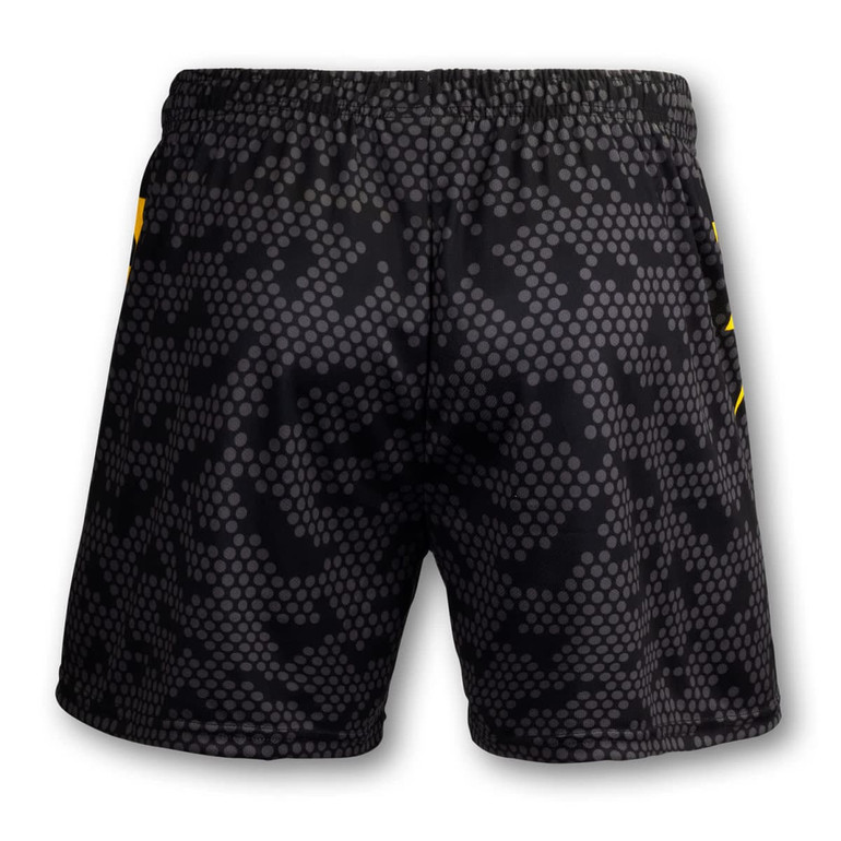 Custom men's volleyball shorts in black with a grey patterned design and yellow accents, featuring a logo.