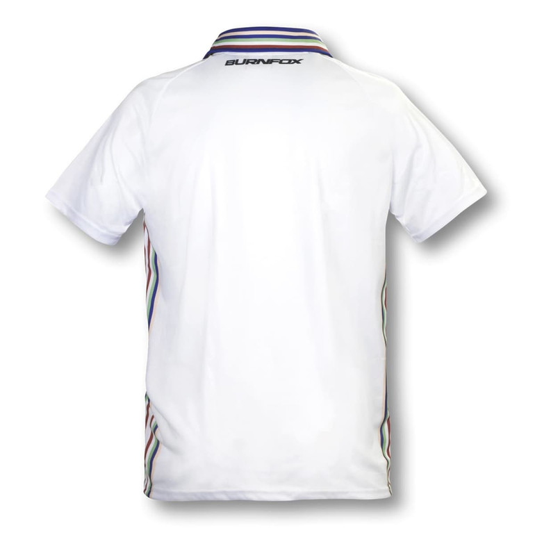 A white men's tennis top featuring a collar and colourful side stripes, with a logo on the back.