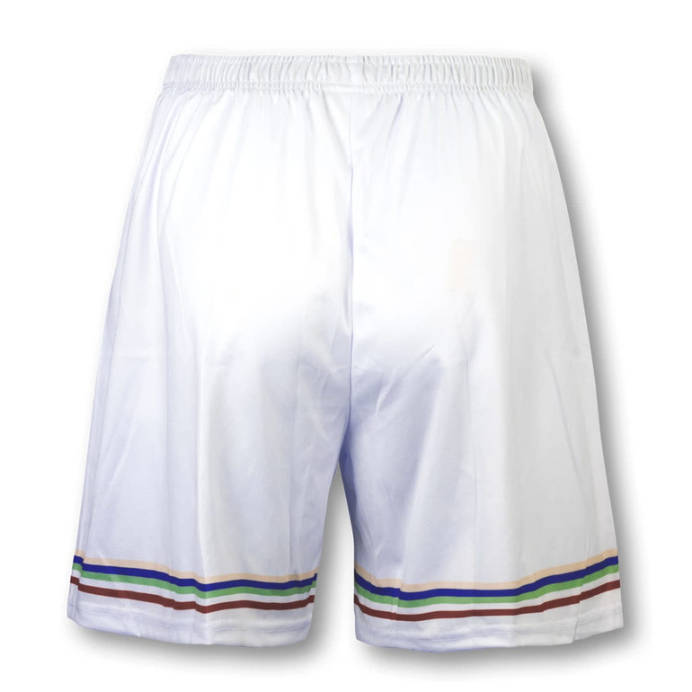 White sports shorts featuring a multi-coloured striped design at the bottom and an elastic waistband.