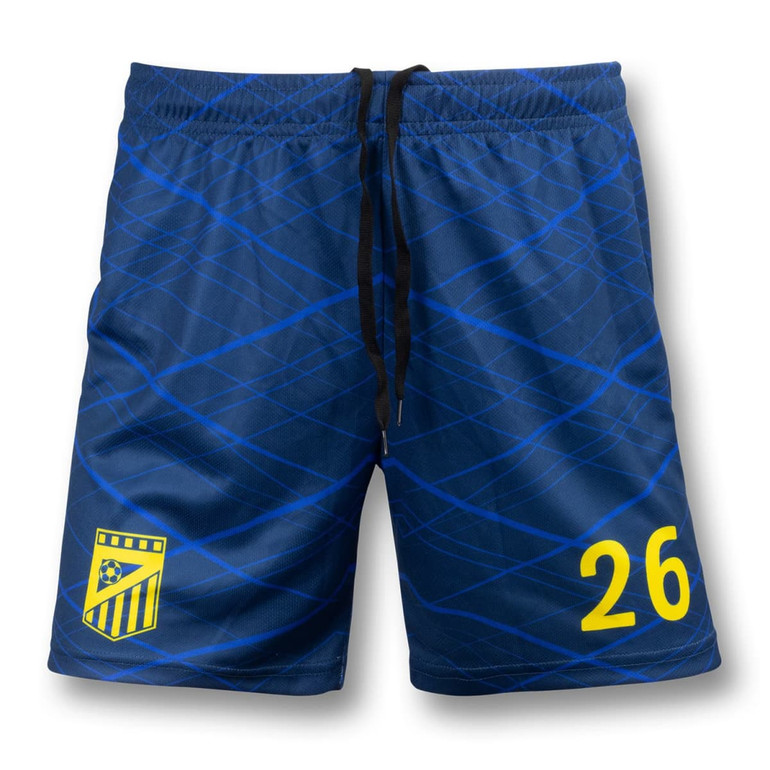 Custom women's soccer shorts in dark blue with a pattern and a logo, featuring a yellow number 26.