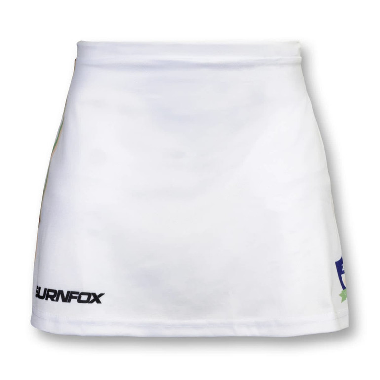 A white women's tennis skirt with a logo on the hem. The fabric appears lightweight and flexible.