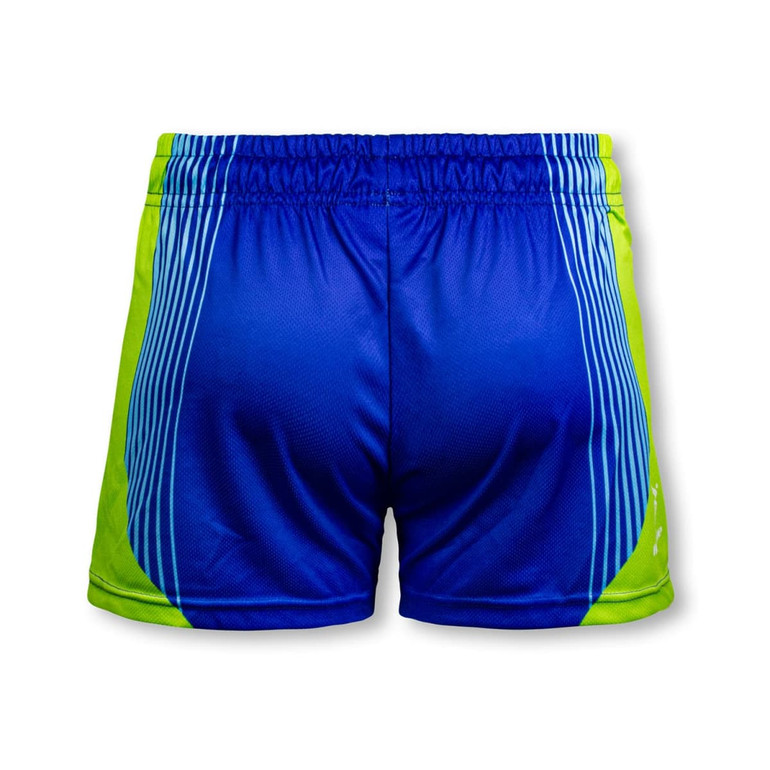 Custom kids sports shorts in blue with green accents and a logo. Designed for sports activities.