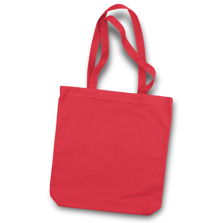 A red canvas tote bag with two shoulder straps and an unembellished design. It has a basic shape and structure.