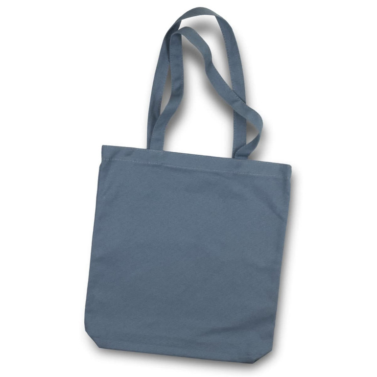 A grey canvas tote bag with two sturdy handles and a simple design, featuring a logo.