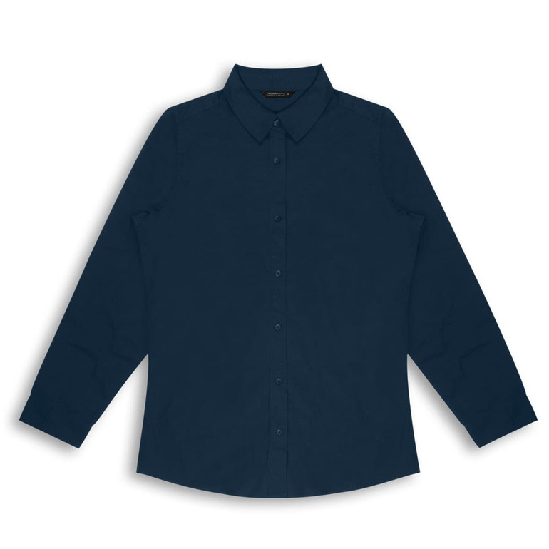 A navy blue long-sleeve women's poplin button-up shirt with a collar and a logo.