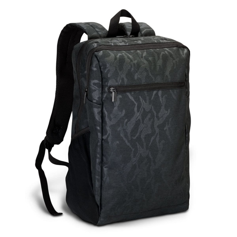 A dark green camouflage backpack with a sleek design and padded straps, featuring a logo and multiple compartments.