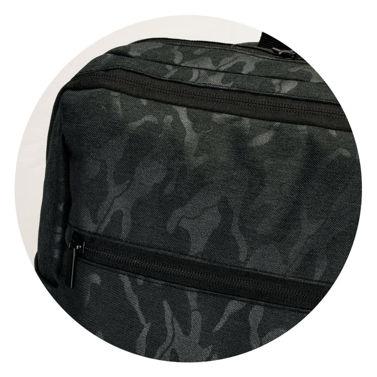 A black and grey camouflage backpack featuring a zippered pocket and a textured fabric design.