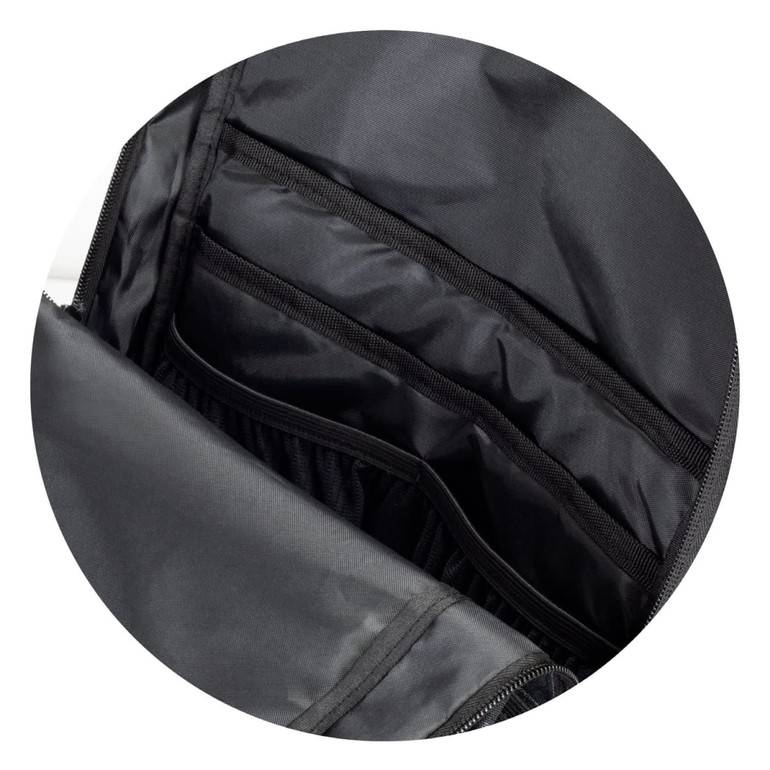 A black backpack interior featuring multiple compartments and a sleek design. It has a logo visible inside.