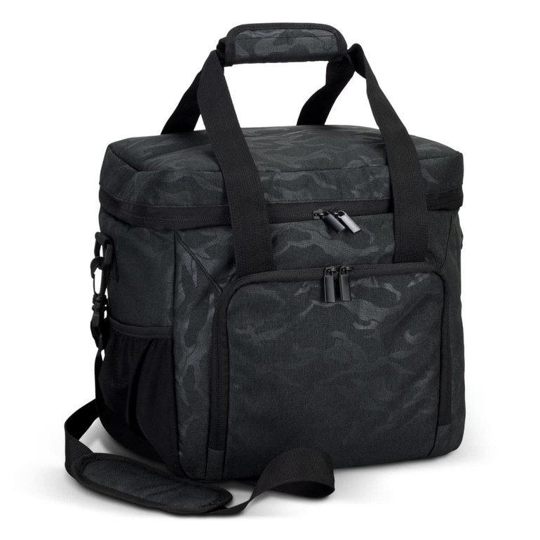 A black and dark green camouflage cooler bag with multiple compartments and sturdy handles. It has a branded logo.