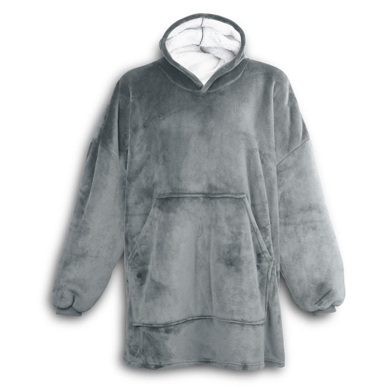 A grey fleece blanket hoodie with a large front pocket and a hood, featuring a soft interior lining.