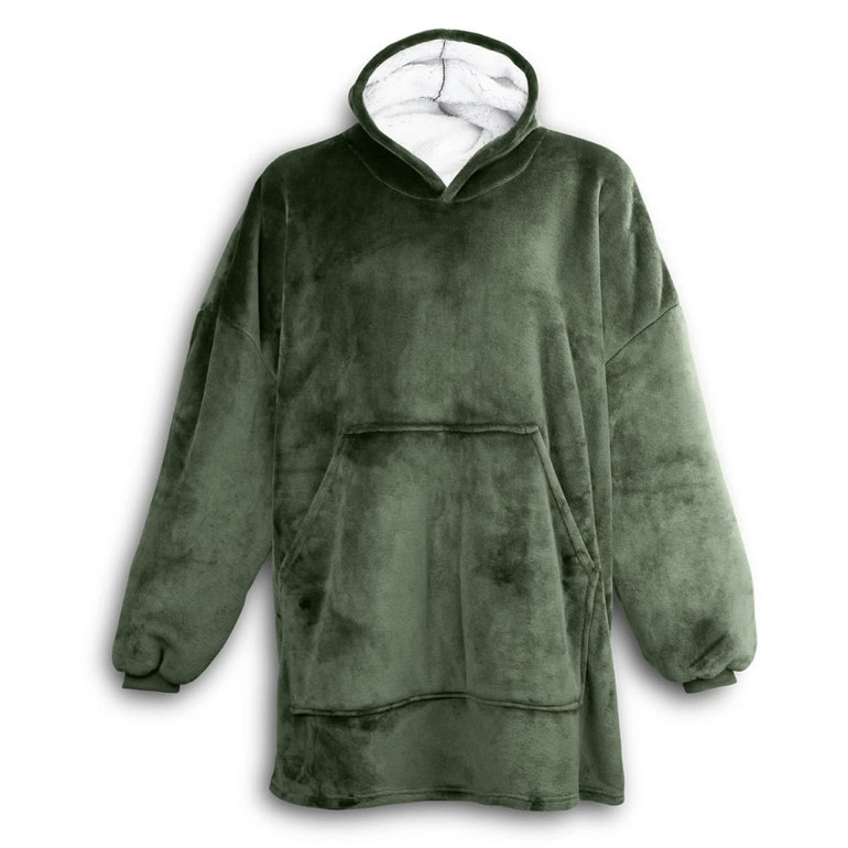 A green blanket hoodie with a large front pocket and a cosy, soft texture. It features a hood and long sleeves.
