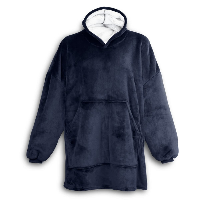 A navy blue blanket hoodie featuring a soft interior and a large front pocket, designed for comfort and warmth.