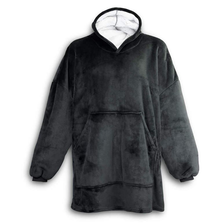 A dark green fleece blanket hoodie with a front pocket and a white lining. It features a logo.