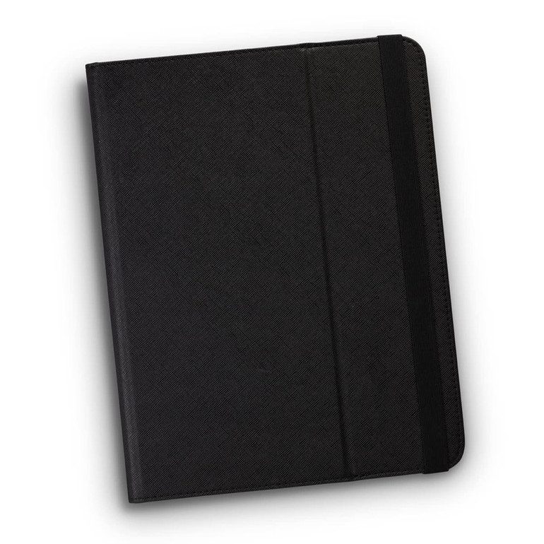 A black tablet case with a textured surface and a black elastic strap, featuring a logo.