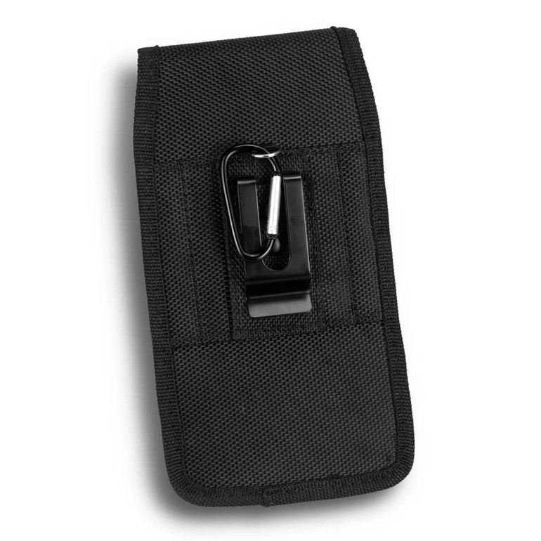 A black phone pouch with a textured fabric surface and a metal clip attachment. It has a logo on the front.