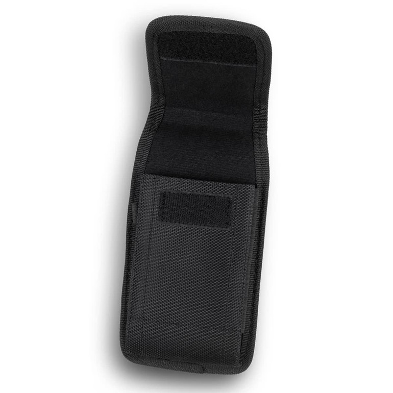 A black phone pouch with a textured exterior, featuring Velcro closures and a compact design. It has a logo on it.