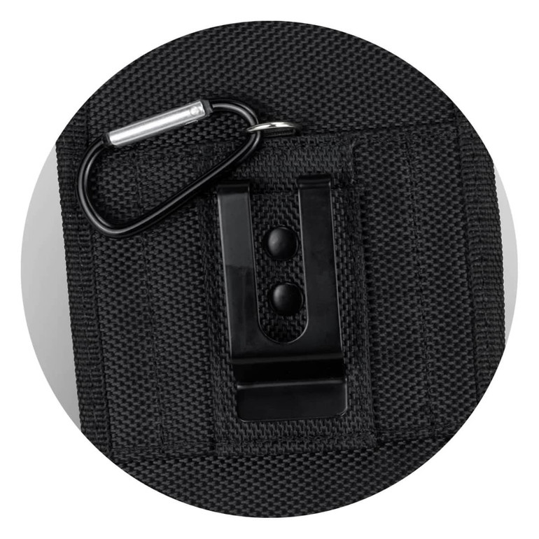 A black phone pouch with a clip and a carabiner attachment. The material appears durable and textured.