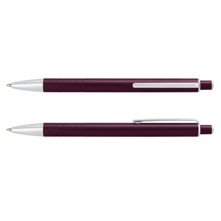 A metal pen in a dark burgundy colour with silver accents, featuring a textured grip and a clip.