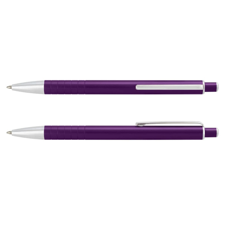 A metal pen in vibrant purple with silver accents, featuring a textured grip and clip.