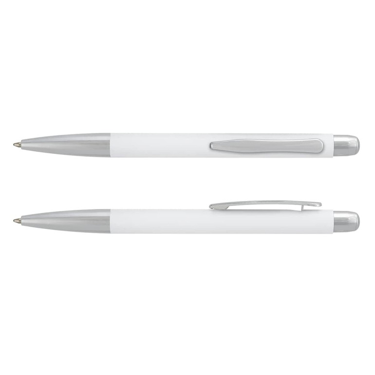 A metal pen with a white barrel and silver accents, featuring a clip and a sleek design.