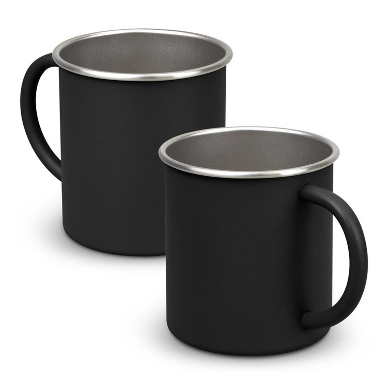 A drink mug set featuring a matte black exterior and a silver rim. Each mug has a sturdy handle.