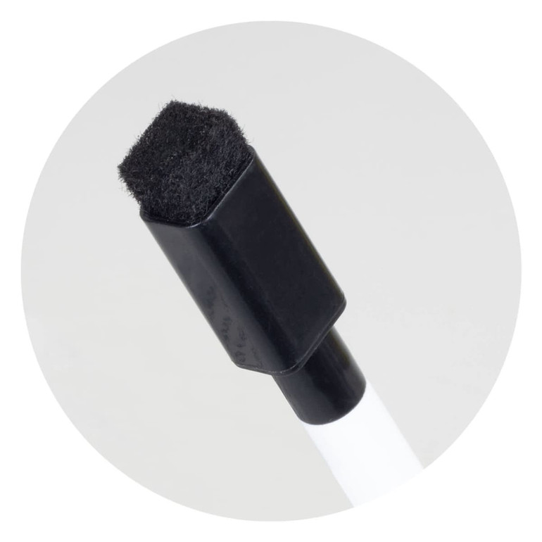 A black and white marker with a felt tip for use on whiteboards, featuring a rectangular eraser on one end.