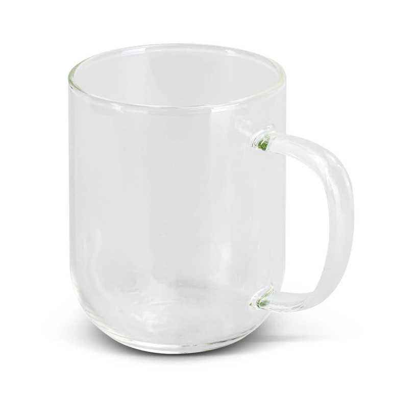 A glass mug with a handle, featuring a clear design and simple, modern style.