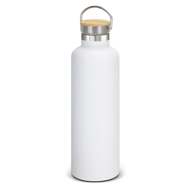 A drink bottle in white with a stainless steel cap and a bamboo handle. It has a logo on the side.