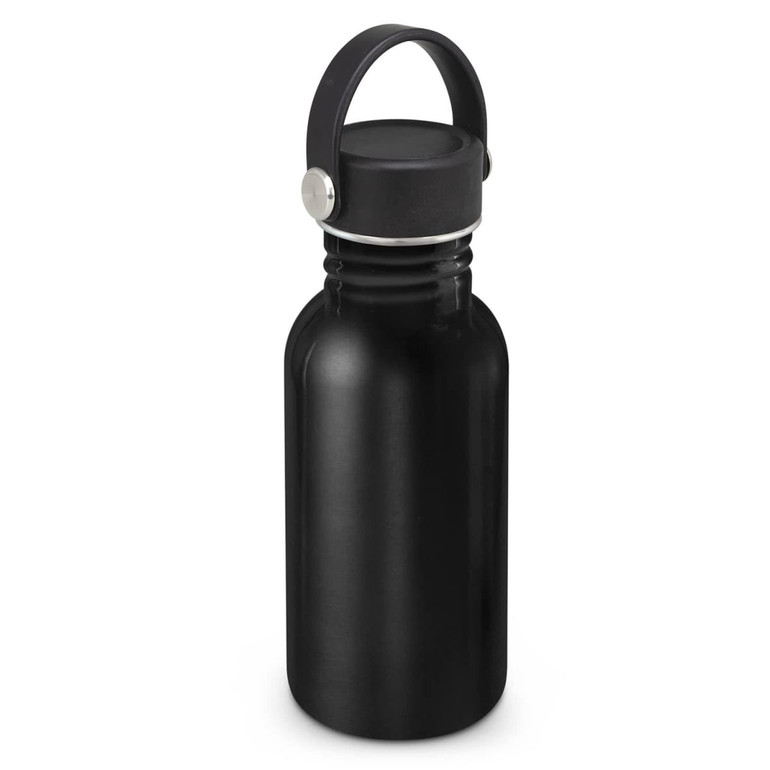 A drink bottle in matte black with a carry lid and a metal accent. It has a sleek, modern design.