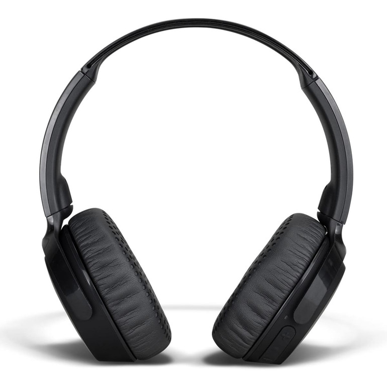 Black wireless headphones with cushioned ear cups and adjustable headband, featuring a logo on the side.