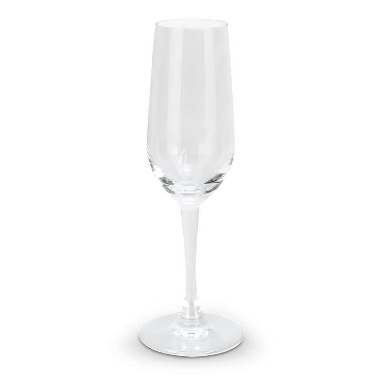 A clear glass champagne flute with a slender stem and wide base. It features a logo on the glass.