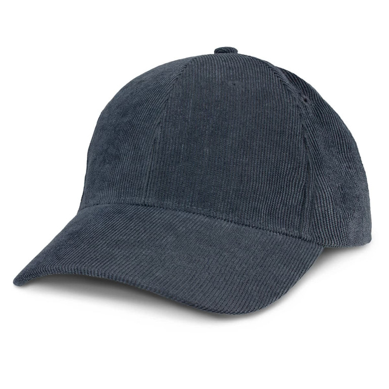 A corduroy cap in a dark grey colour, featuring a curved brim and a logo on the front.