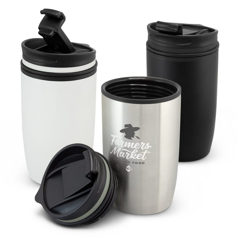 A double wall cup set featuring a black, white, and stainless steel finish, each with a lid and branding.