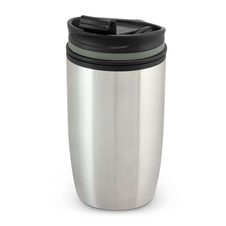 A stainless steel double wall cup with a black lid and green accent. It features a logo on the surface.